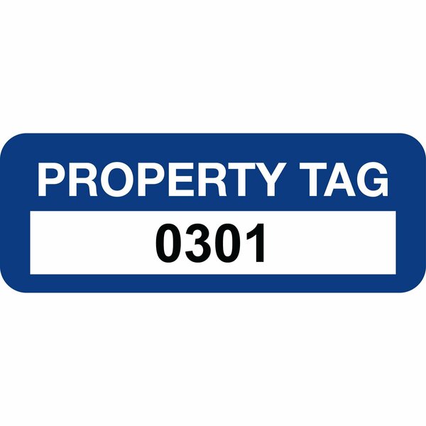 Lustre-Cal Property ID Label PROPERTY TAG Polyester Dark Blue 2in x 0.75in  Serialized 0301-0400, 100PK 253744Pe1Bd0301